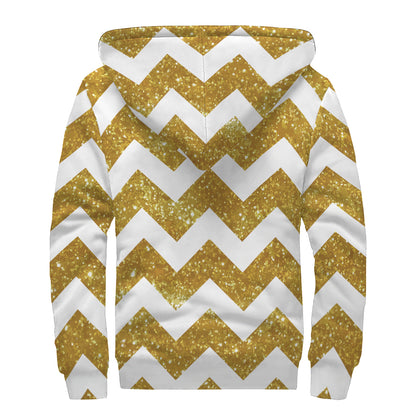 Gold And White Chevron Pattern Print Sherpa Lined Zip Up Hoodie