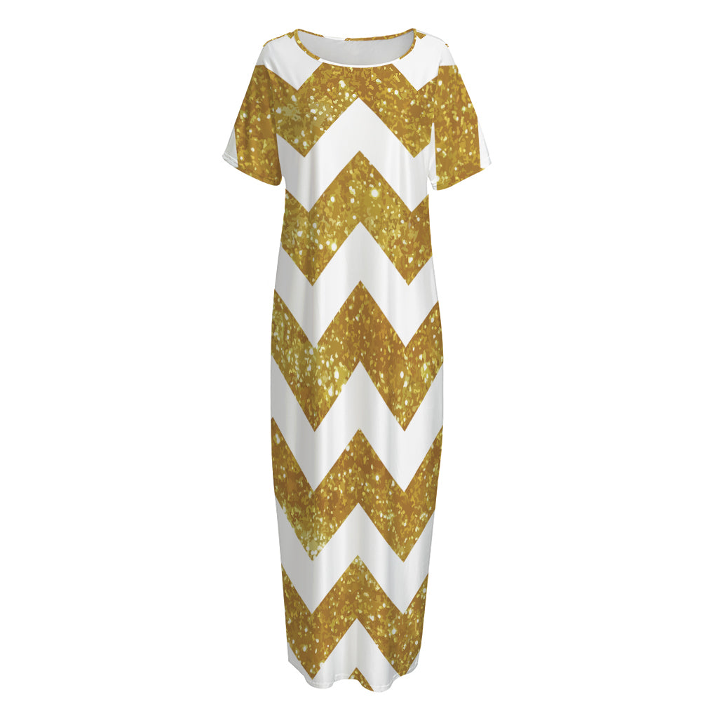Gold And White Chevron Pattern Print Short Sleeve Long Nightdress