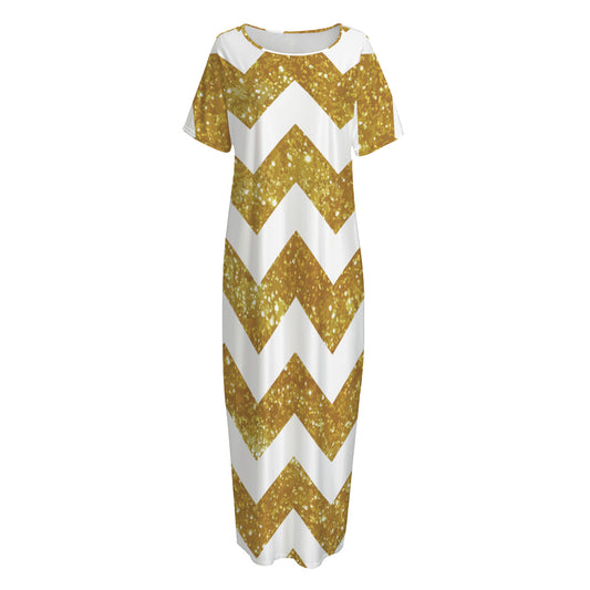 Gold And White Chevron Pattern Print Short Sleeve Long Nightdress