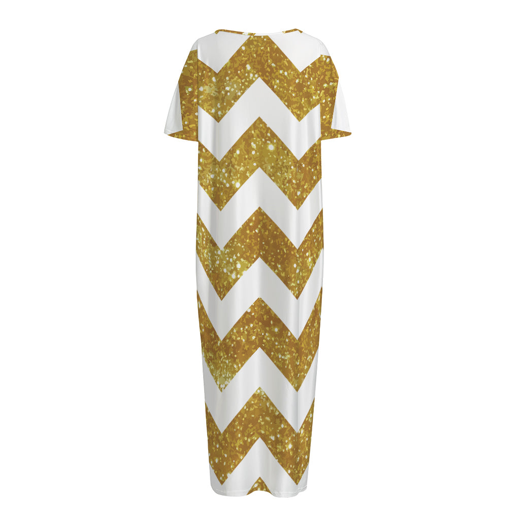 Gold And White Chevron Pattern Print Short Sleeve Long Nightdress