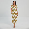 Gold And White Chevron Pattern Print Short Sleeve Maxi Dress