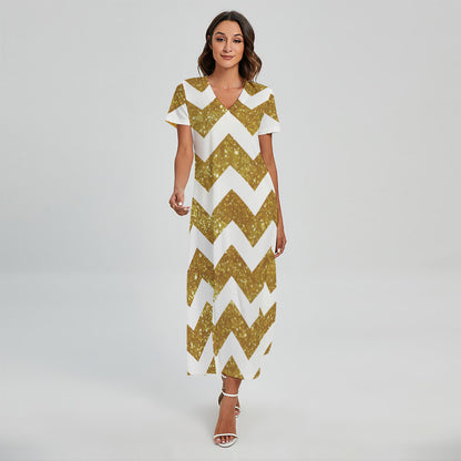 Gold And White Chevron Pattern Print Short Sleeve Maxi Dress