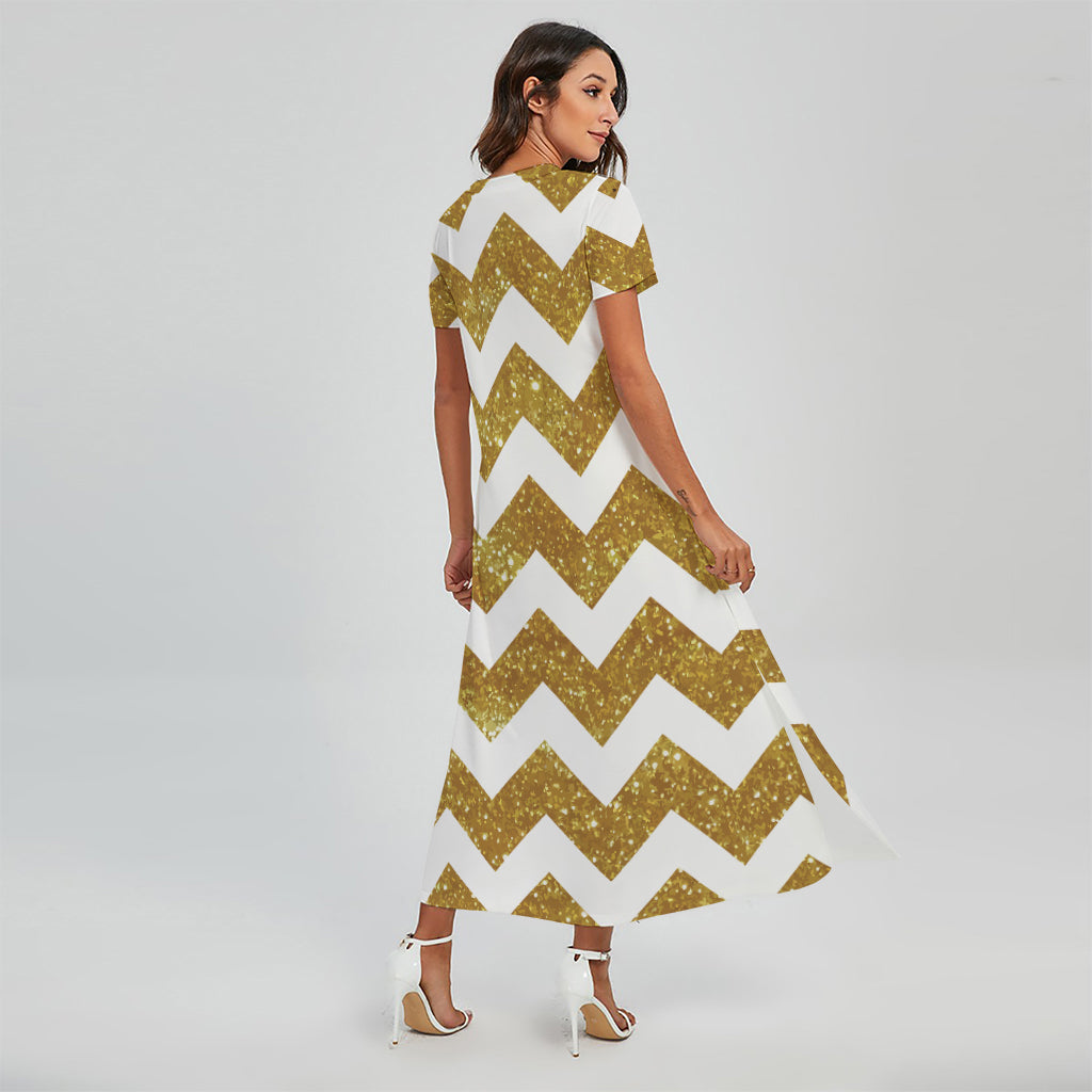 Gold And White Chevron Pattern Print Short Sleeve Maxi Dress