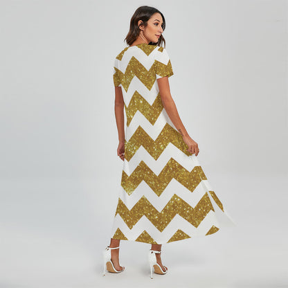 Gold And White Chevron Pattern Print Short Sleeve Maxi Dress