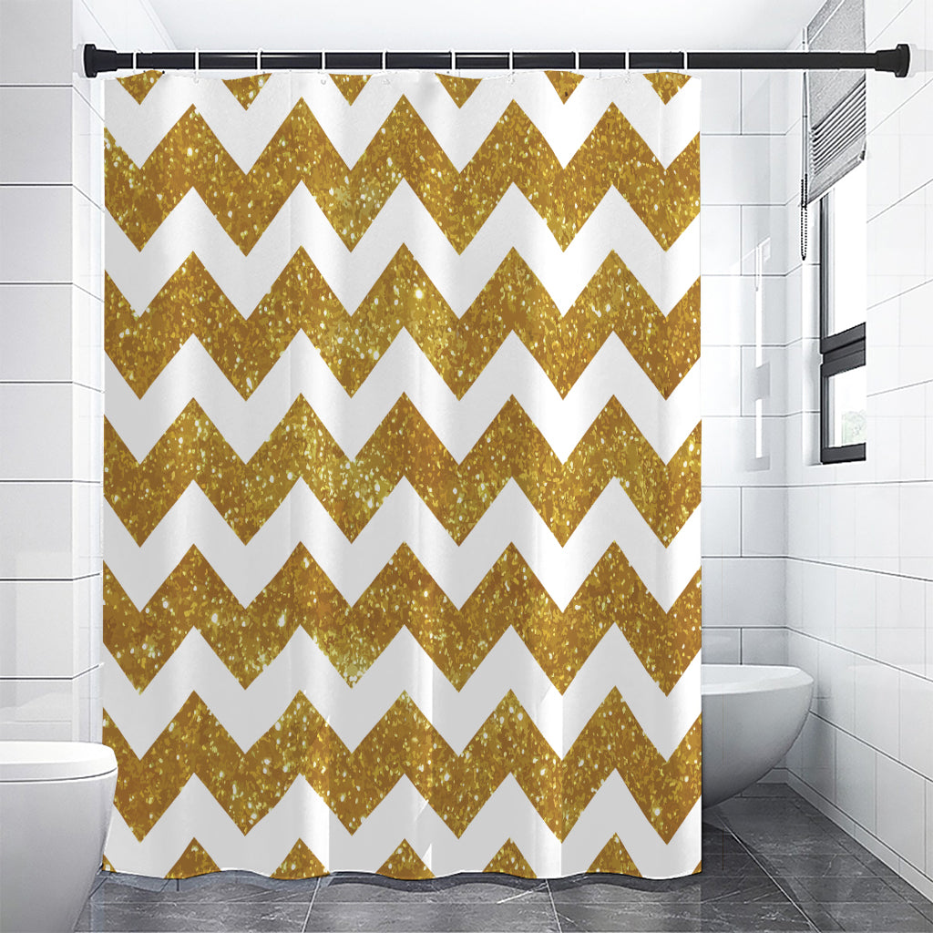 Gold And White Chevron Pattern Print Shower Curtain