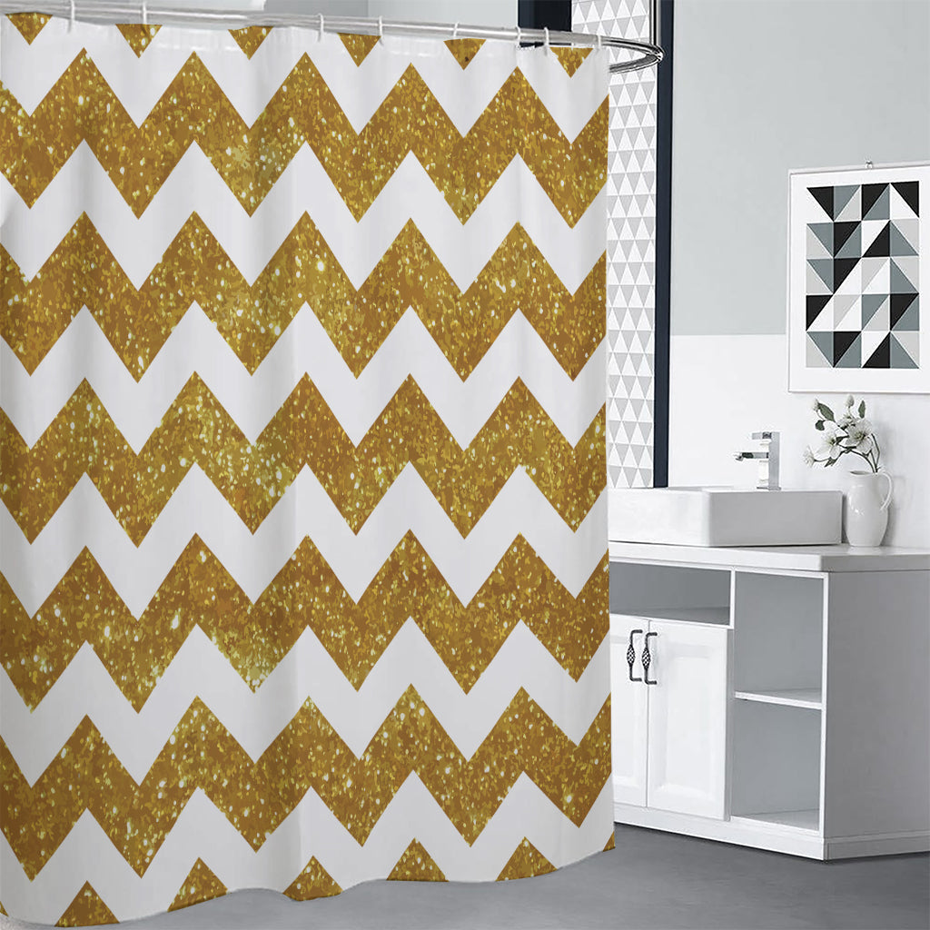 Gold And White Chevron Pattern Print Shower Curtain