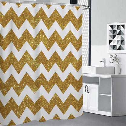 Gold And White Chevron Pattern Print Shower Curtain