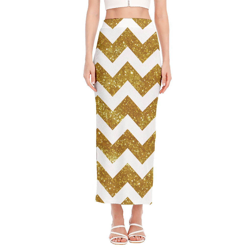 Gold And White Chevron Pattern Print Side Slit Maxi Skirt