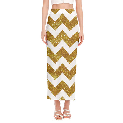 Gold And White Chevron Pattern Print Side Slit Maxi Skirt