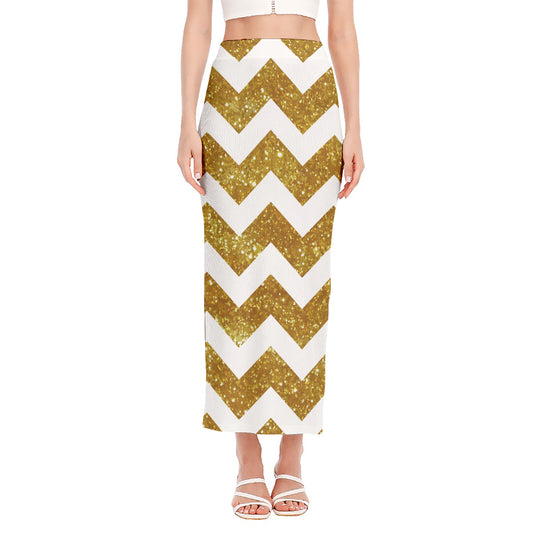 Gold And White Chevron Pattern Print Side Slit Maxi Skirt