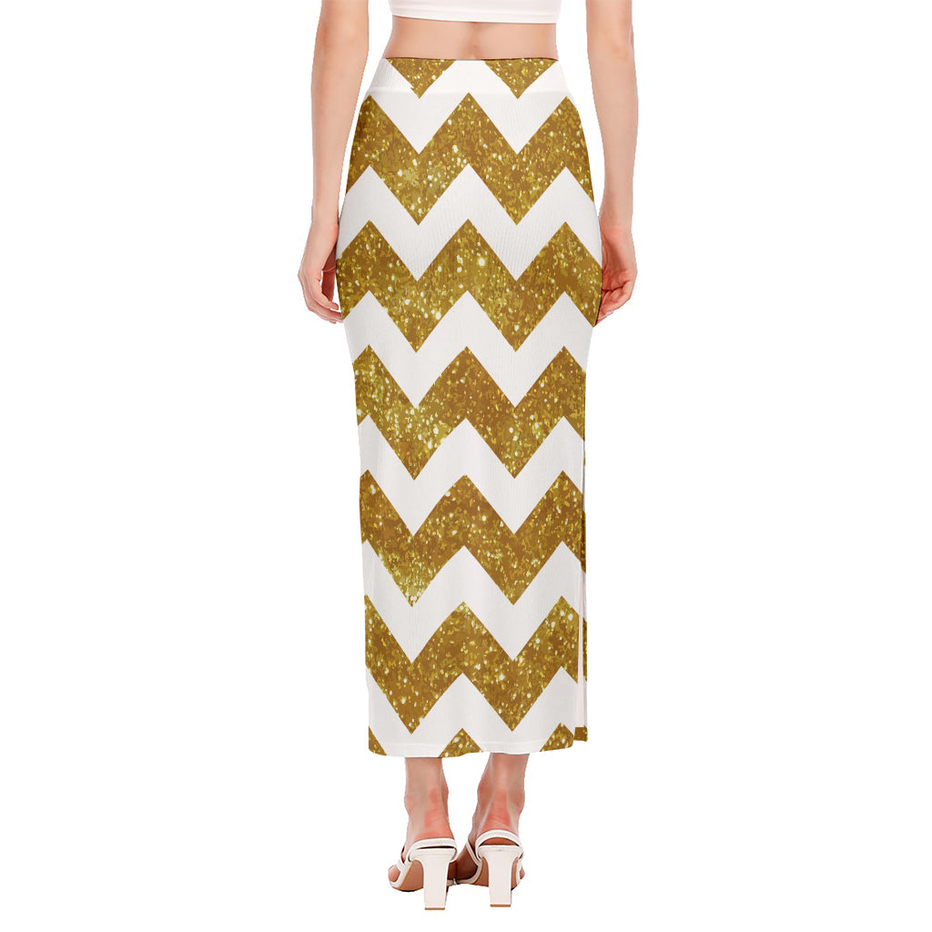 Gold And White Chevron Pattern Print Side Slit Maxi Skirt