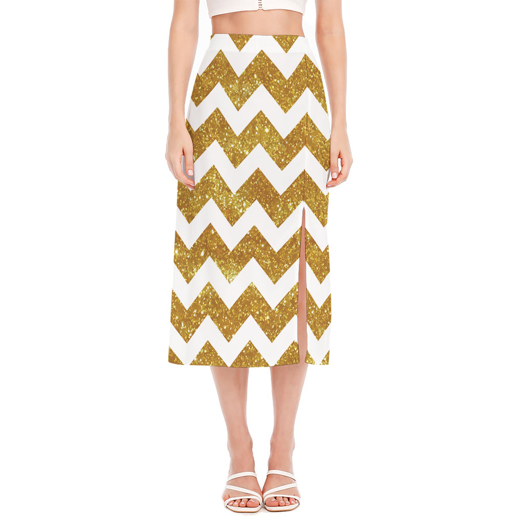 Gold And White Chevron Pattern Print Side Slit Midi Skirt