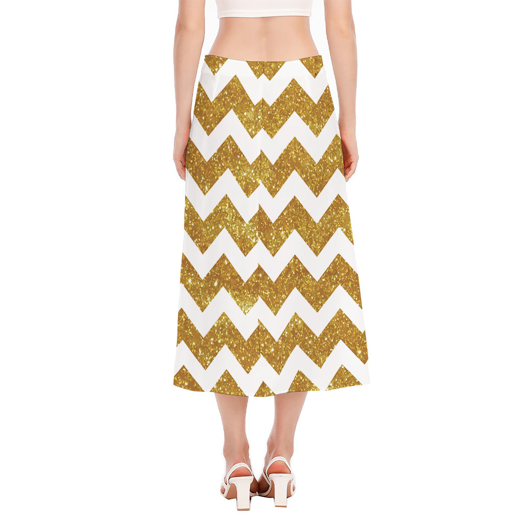 Gold And White Chevron Pattern Print Side Slit Midi Skirt