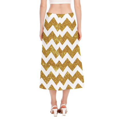 Gold And White Chevron Pattern Print Side Slit Midi Skirt