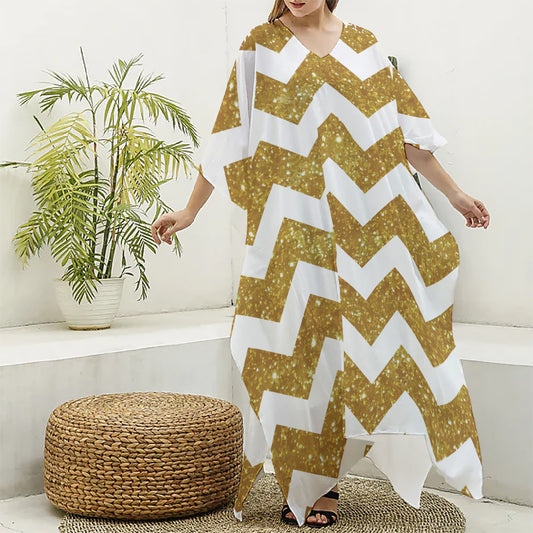 Gold And White Chevron Pattern Print Silk V-Neck Kaftan Dress