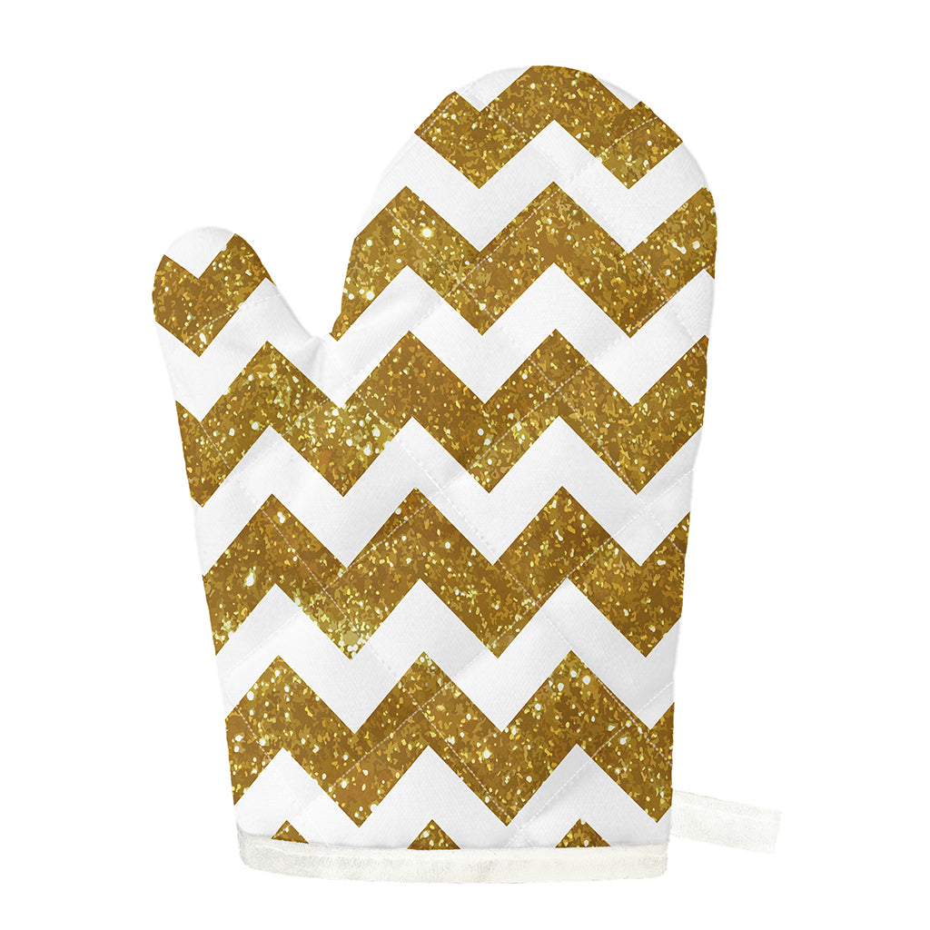 Gold And White Chevron Pattern Print Single Oven Mitt