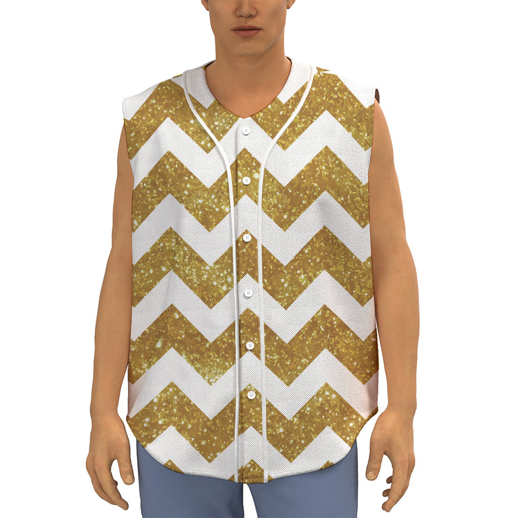 Gold And White Chevron Pattern Print Sleeveless Baseball Jersey