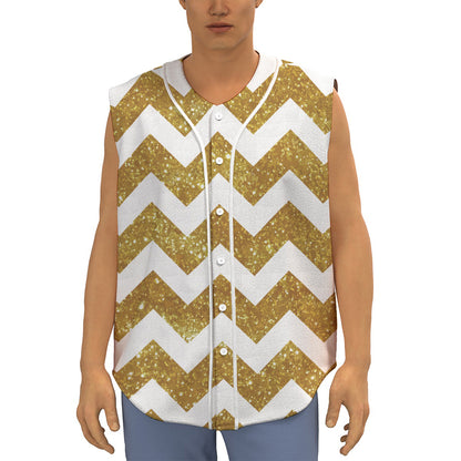 Gold And White Chevron Pattern Print Sleeveless Baseball Jersey