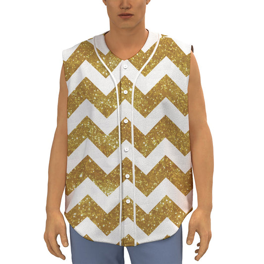 Gold And White Chevron Pattern Print Sleeveless Baseball Jersey