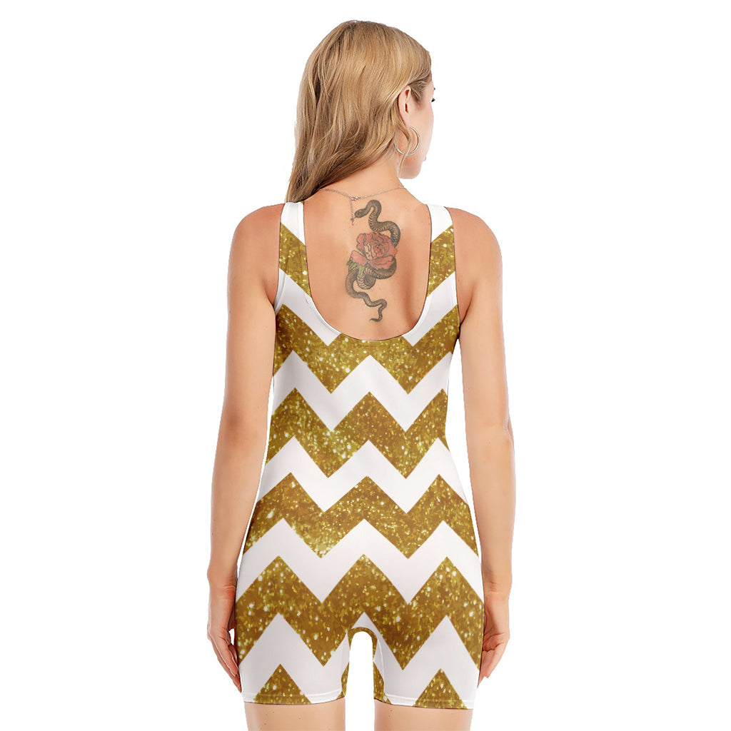 Gold And White Chevron Pattern Print Sleeveless One Piece Swimsuit