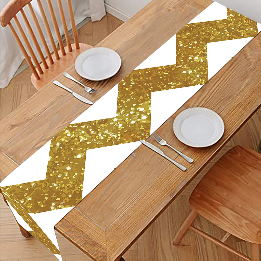 Gold And White Chevron Pattern Print Table Runner