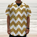 Gold And White Chevron Pattern Print Textured Short Sleeve Shirt