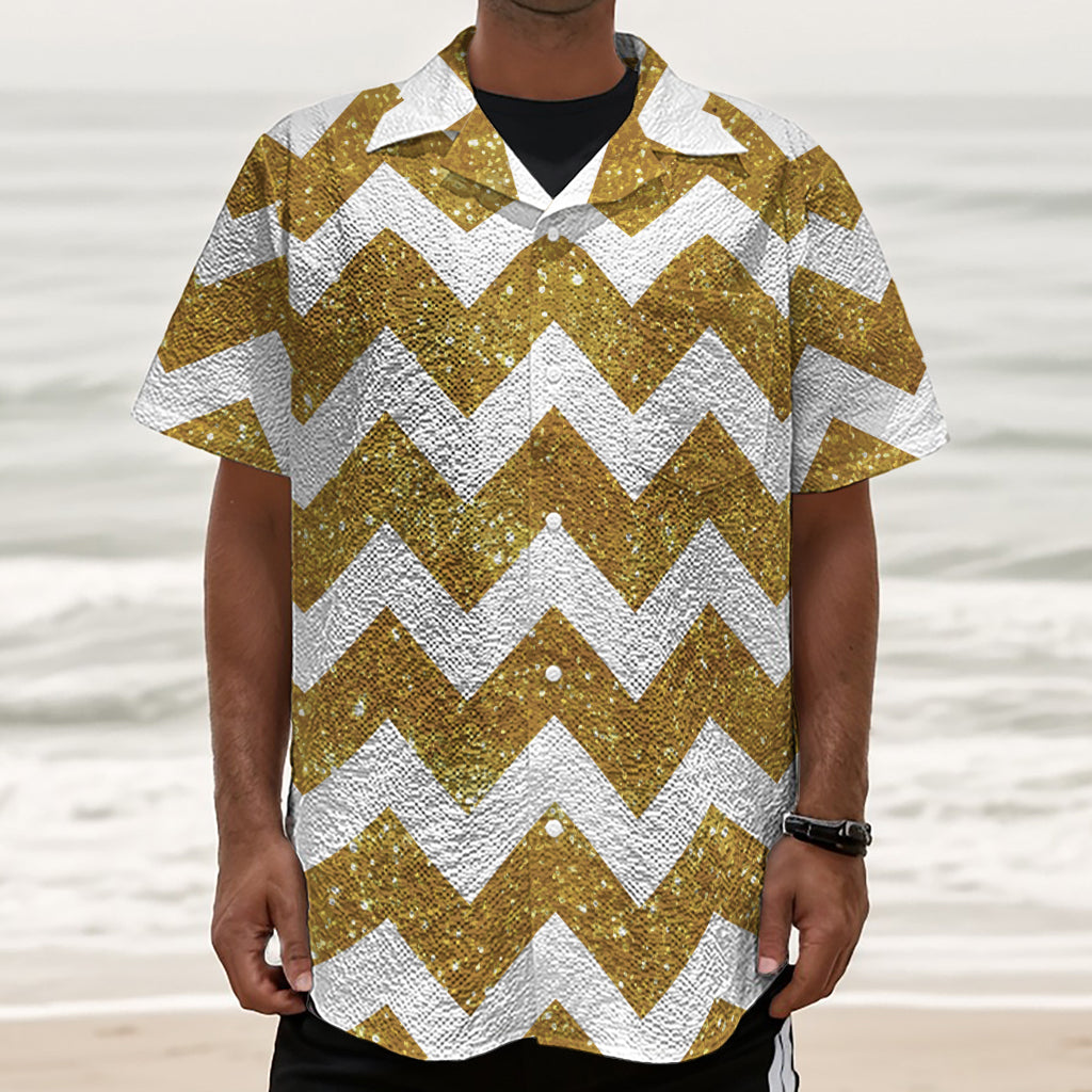Gold And White Chevron Pattern Print Textured Short Sleeve Shirt