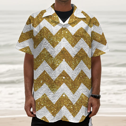Gold And White Chevron Pattern Print Textured Short Sleeve Shirt