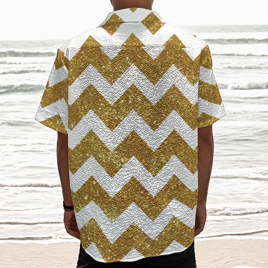 Gold And White Chevron Pattern Print Textured Short Sleeve Shirt