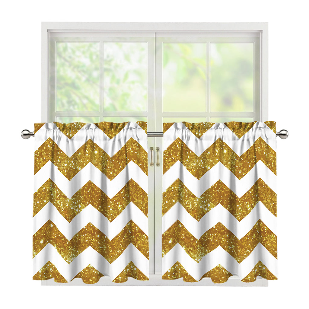 Gold And White Chevron Pattern Print Tier Curtains