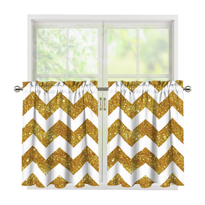 Gold And White Chevron Pattern Print Tier Curtains