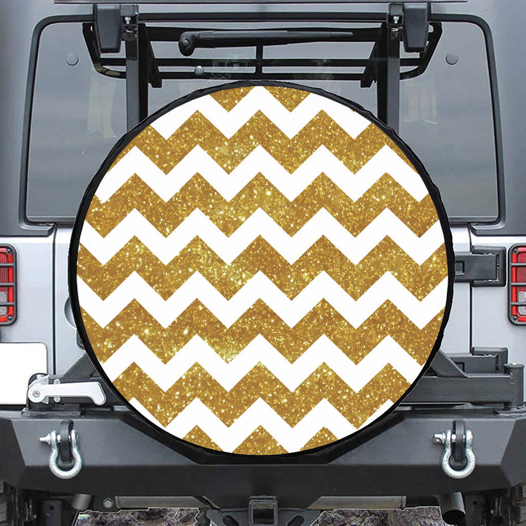 Gold And White Chevron Pattern Print Tire Cover