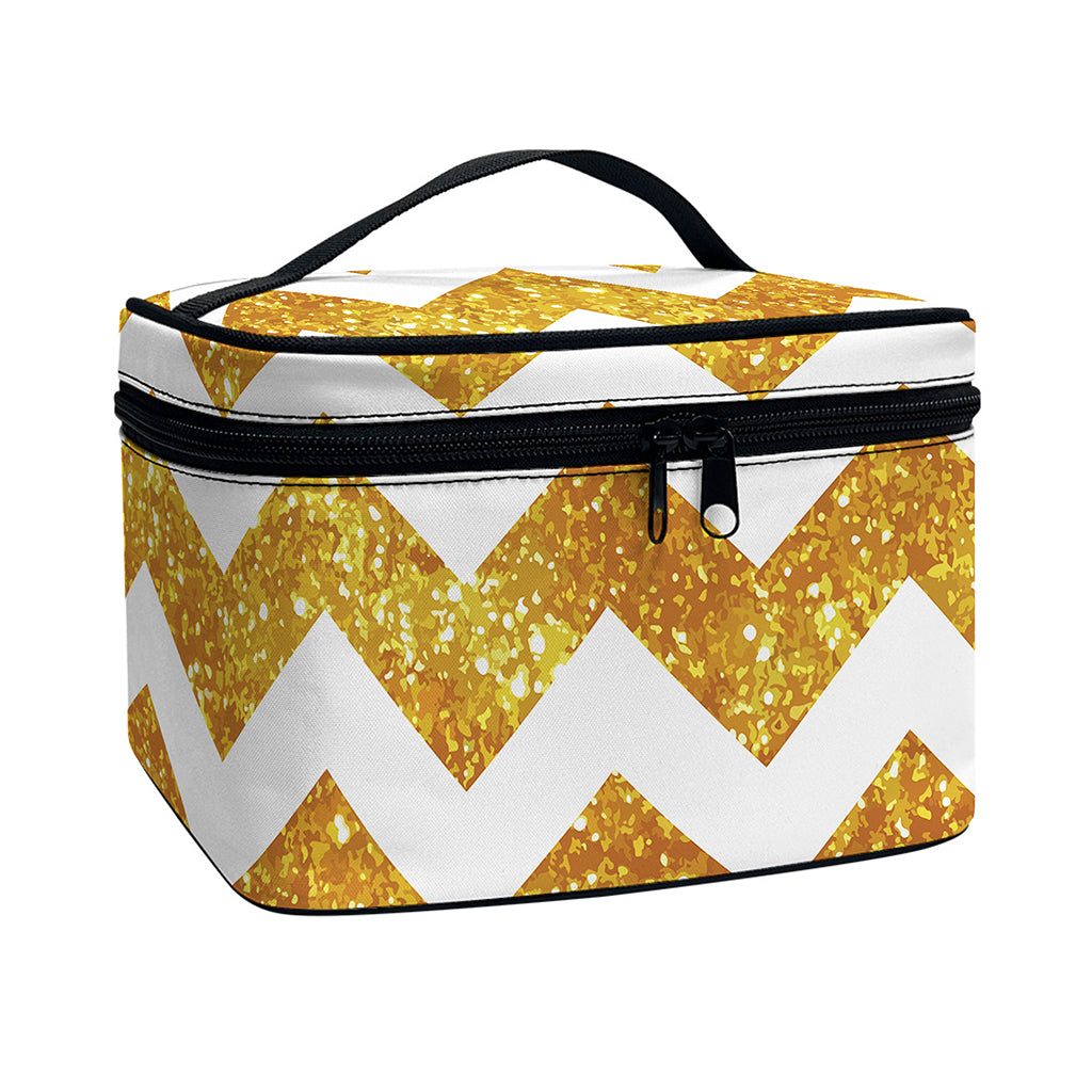 Gold And White Chevron Pattern Print Travel Makeup Bag