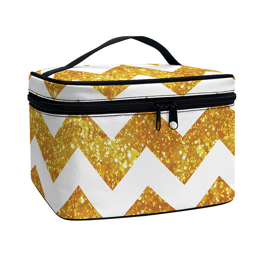 Gold And White Chevron Pattern Print Travel Makeup Bag