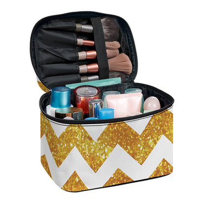 Gold And White Chevron Pattern Print Travel Makeup Bag