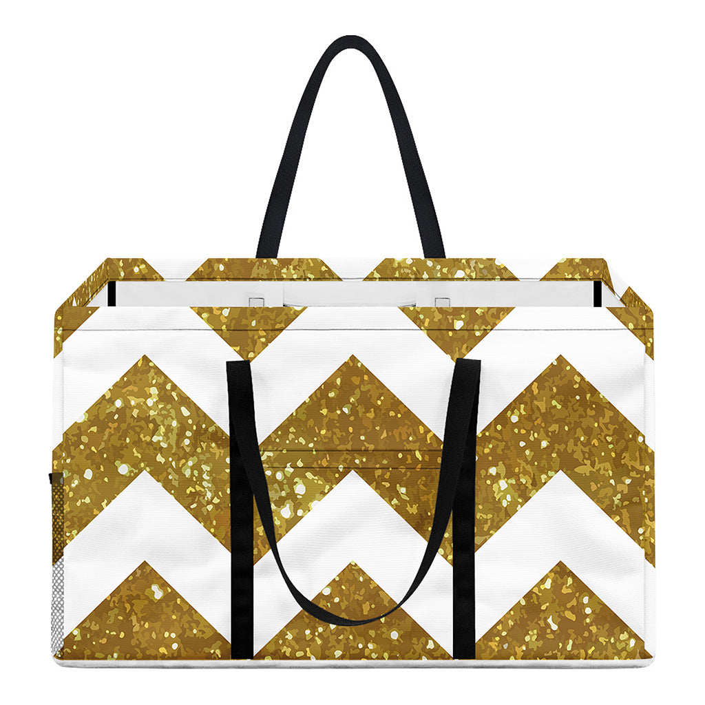Gold And White Chevron Pattern Print Utility Tote Bag