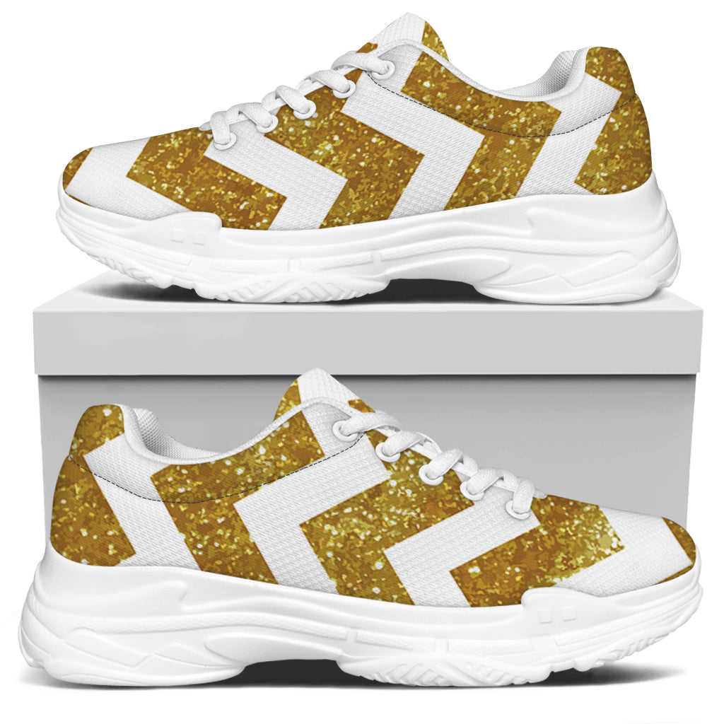 Gold And White Chevron Pattern Print White Chunky Shoes