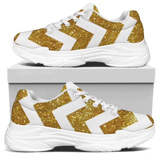 Gold And White Chevron Pattern Print White Chunky Shoes