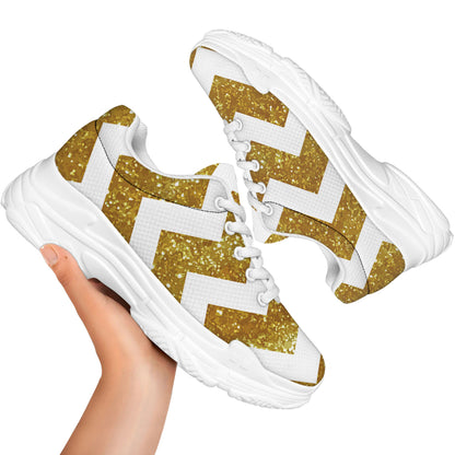 Gold And White Chevron Pattern Print White Chunky Shoes
