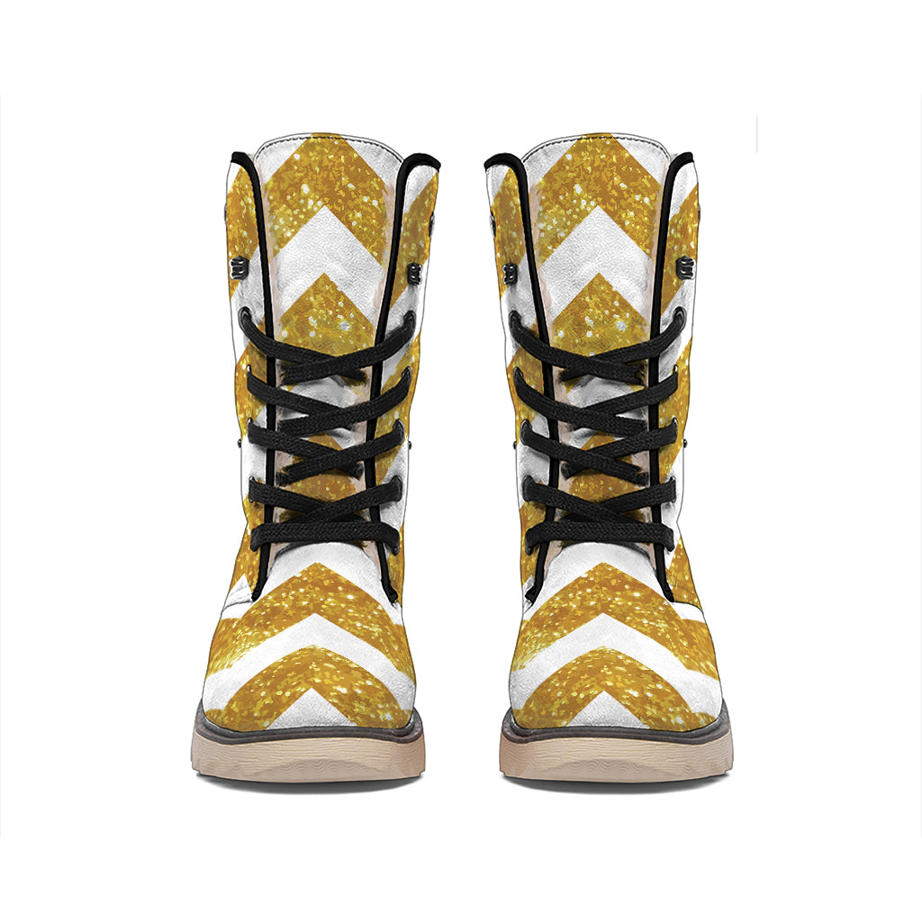 Gold And White Chevron Pattern Print Winter Boots