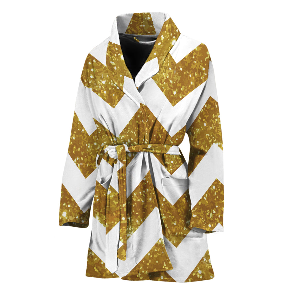 Gold And White Chevron Pattern Print Women's Bathrobe