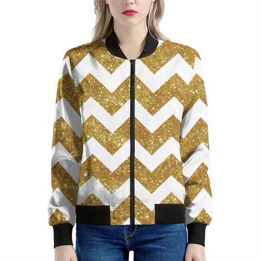 Gold And White Chevron Pattern Print Women's Bomber Jacket