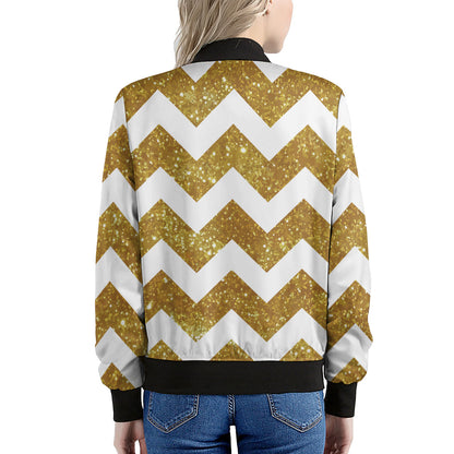 Gold And White Chevron Pattern Print Women's Bomber Jacket