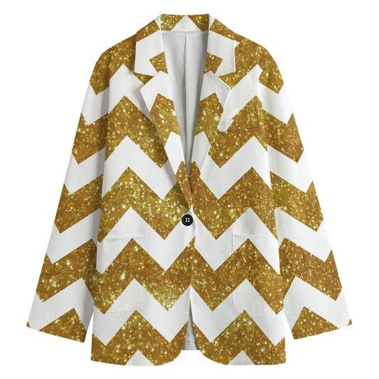 Gold And White Chevron Pattern Print Women's Cotton Blazer