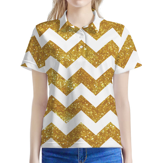 Gold And White Chevron Pattern Print Women's Polo Shirt