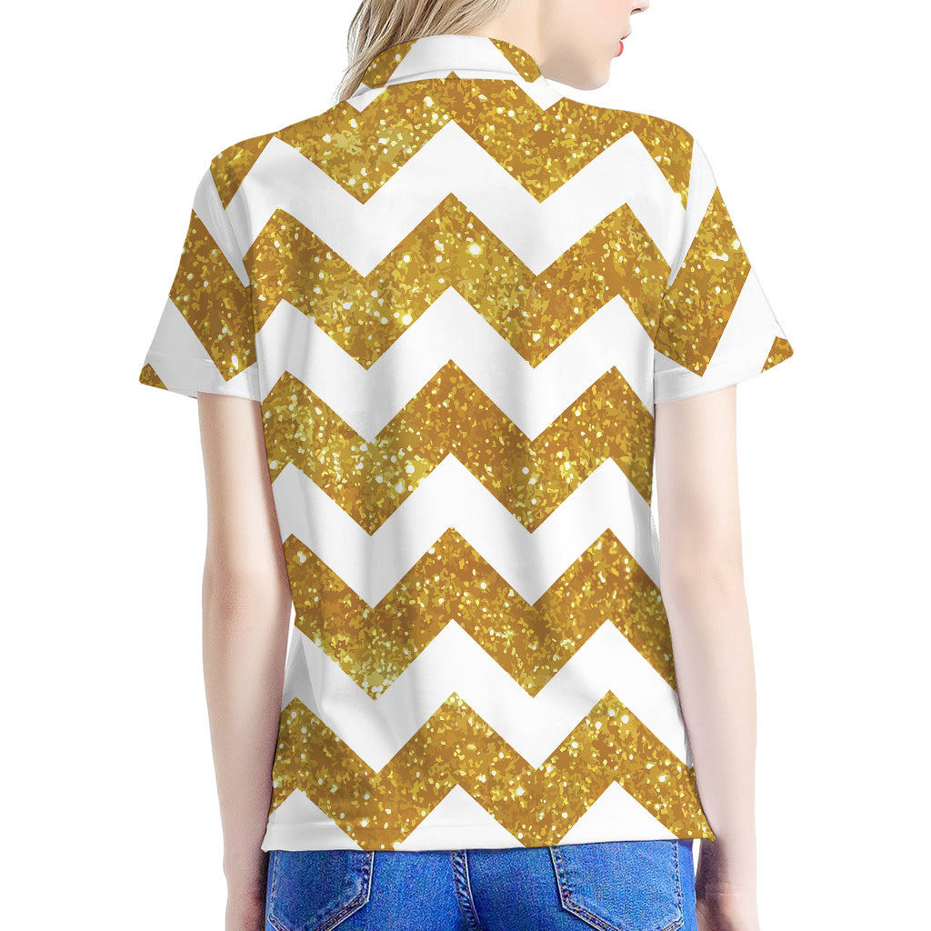 Gold And White Chevron Pattern Print Women's Polo Shirt