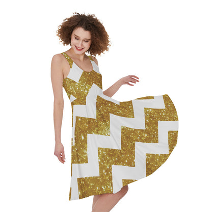 Gold And White Chevron Pattern Print Women's Sleeveless Dress