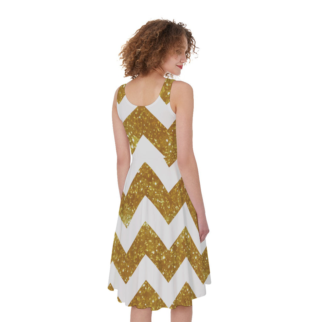 Gold And White Chevron Pattern Print Women's Sleeveless Dress