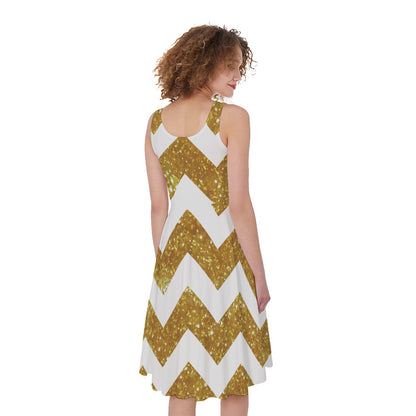 Gold And White Chevron Pattern Print Women's Sleeveless Dress