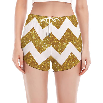 Gold And White Chevron Pattern Print Women's Split Running Shorts